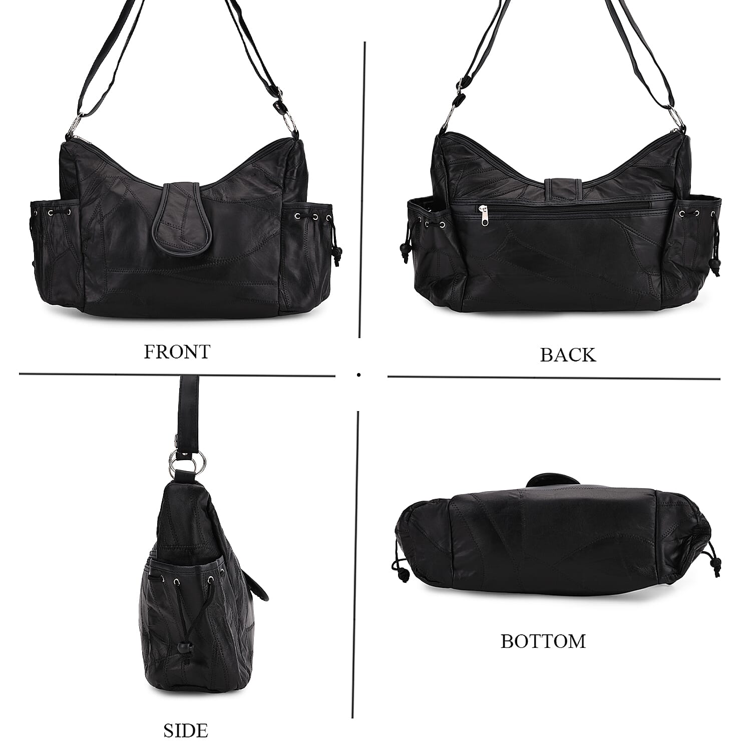 Genuine Leather Slouchy Shoulder Bag with Side Drawstring Pockets - Black