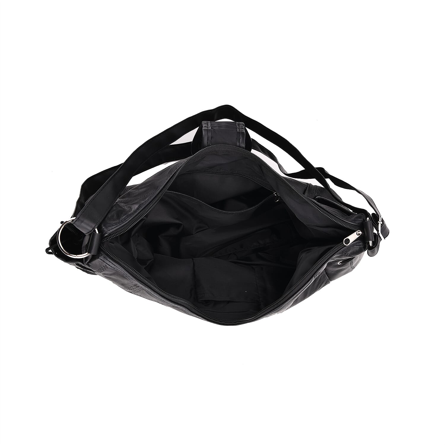 Genuine Leather Slouchy Shoulder Bag with Side Drawstring Pockets - Black