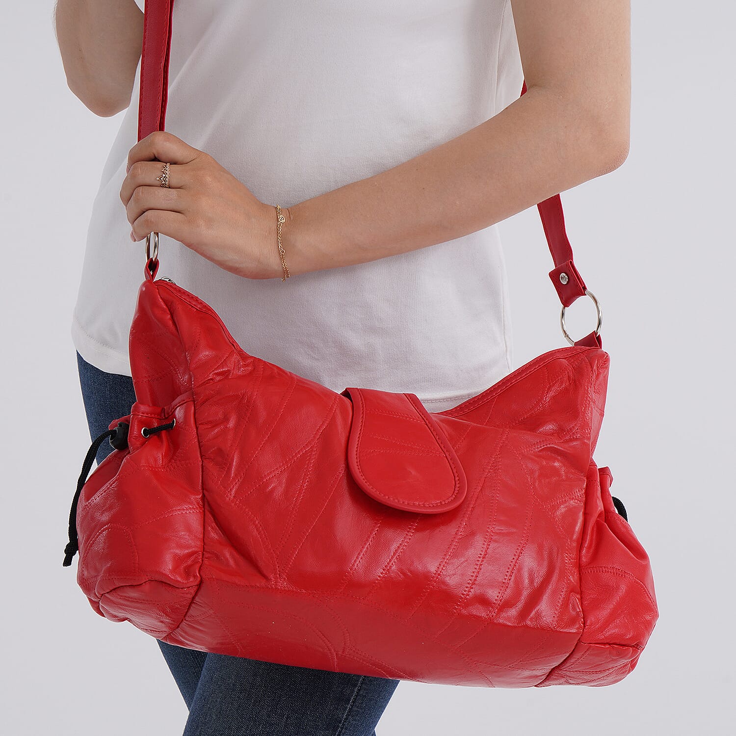 Genuine Leather Slouchy Shoulder Bag with Side Drawstring Pockets - Red