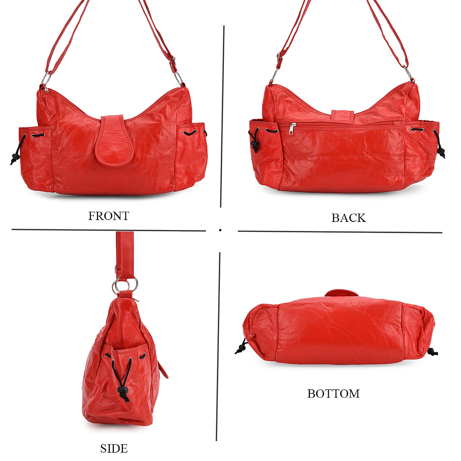 Genuine Leather Slouchy Shoulder Bag with Side Drawstring Pockets - Red