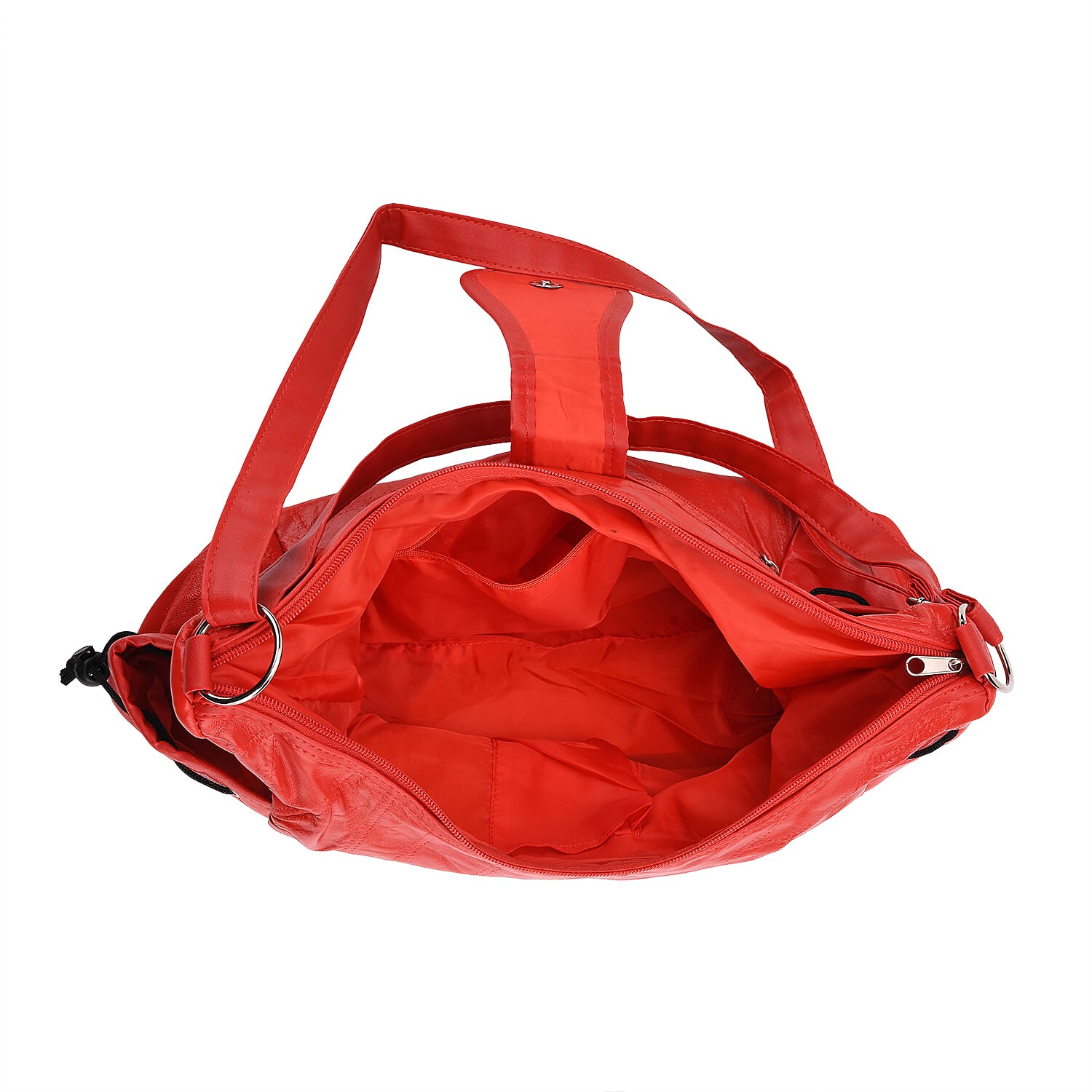Genuine Leather Slouchy Shoulder Bag with Side Drawstring Pockets - Red