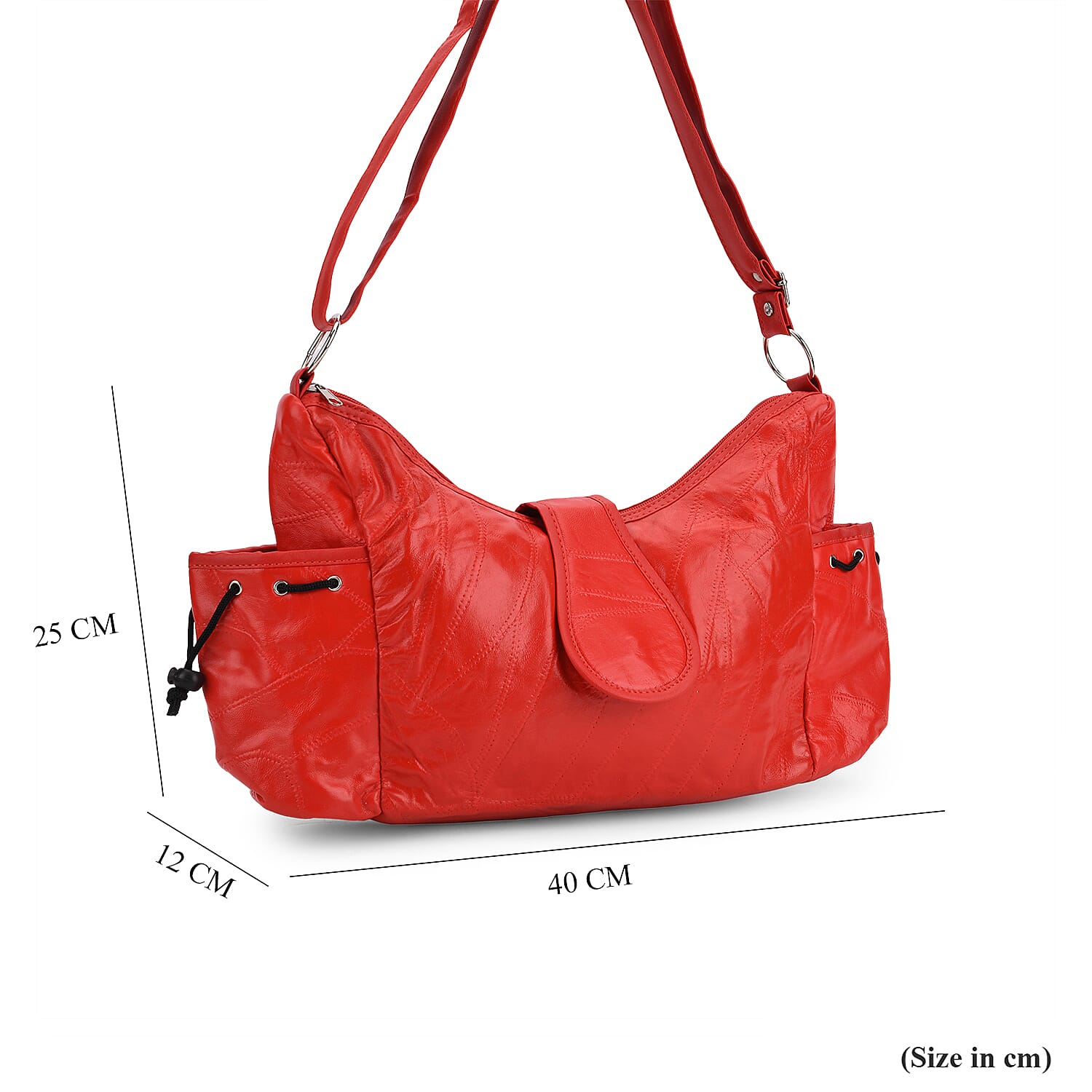 Genuine Leather Slouchy Shoulder Bag with Side Drawstring Pockets - Red