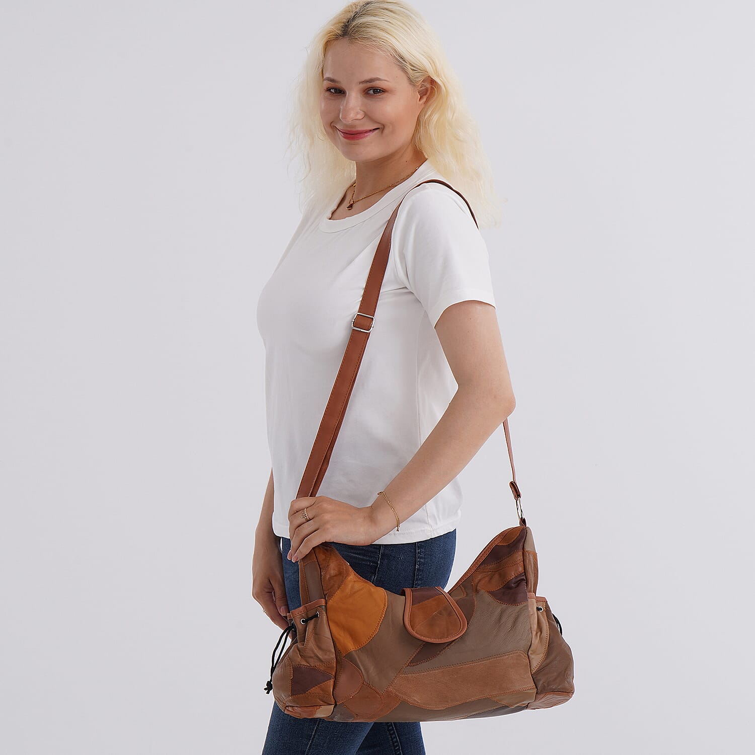 Genuine Leather Slouchy Shoulder Bag with Side Drawstring Pockets - Camel