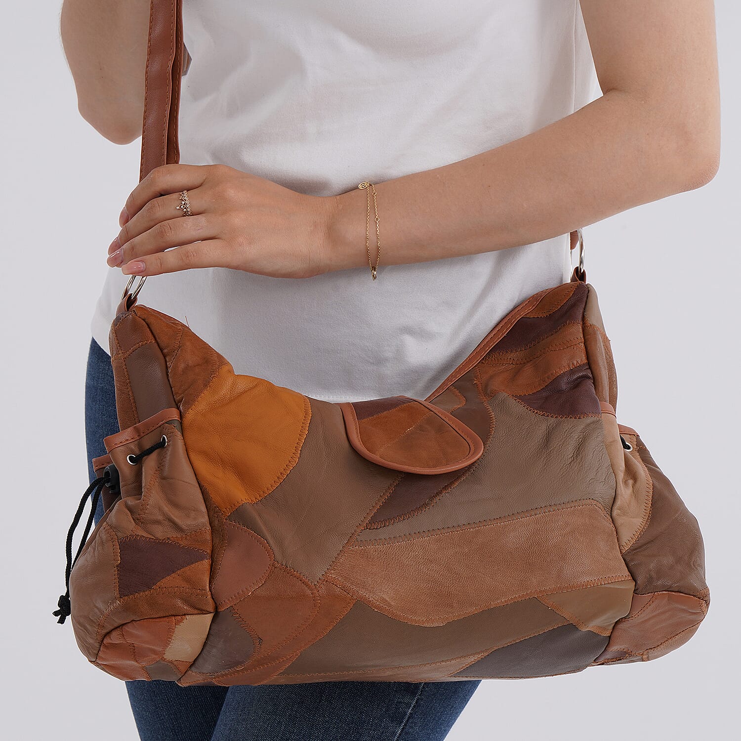 Genuine Leather Slouchy Shoulder Bag with Side Drawstring Pockets - Camel