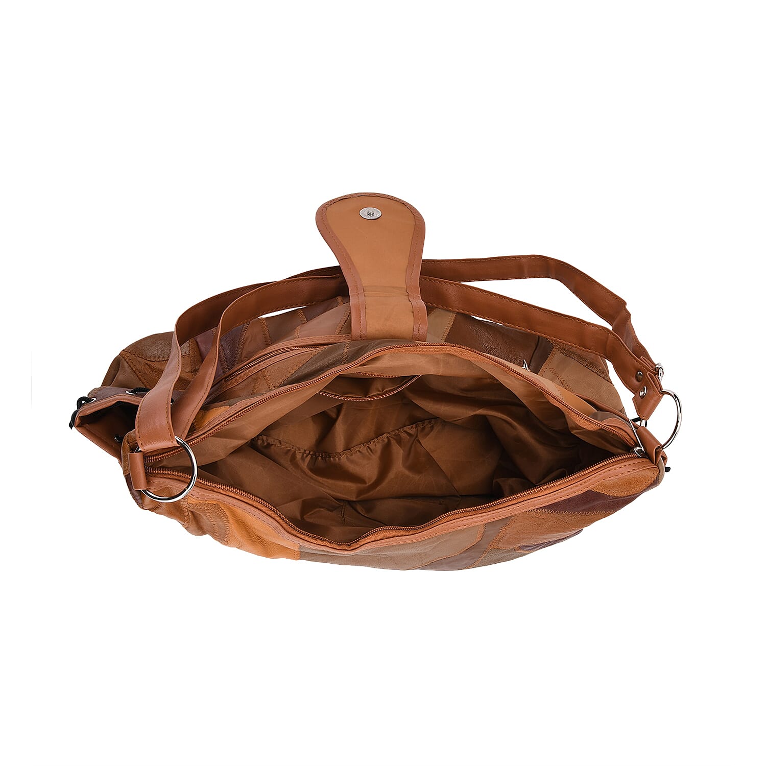 Genuine Leather Slouchy Shoulder Bag with Side Drawstring Pockets - Camel