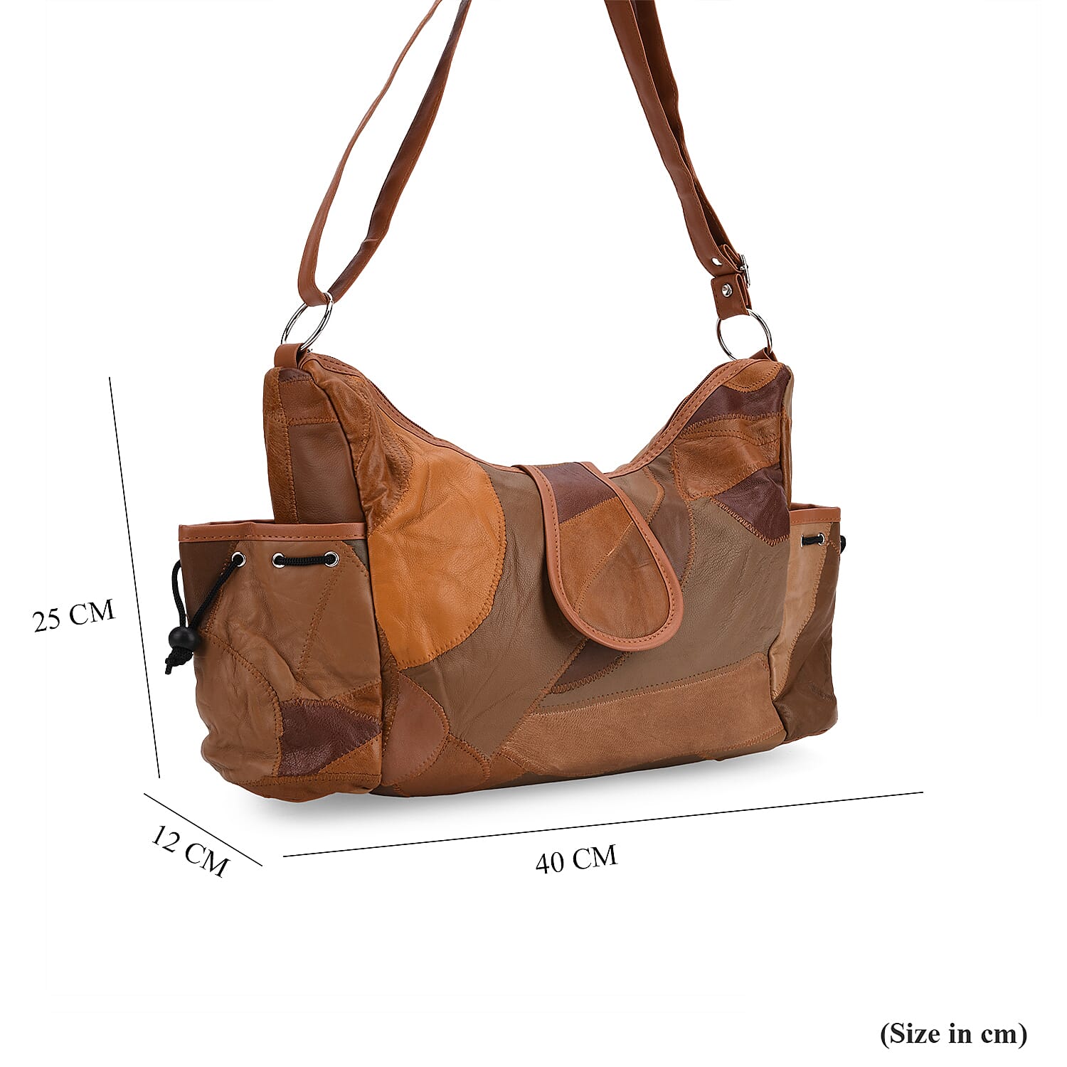 Genuine Leather Slouchy Shoulder Bag with Side Drawstring Pockets - Camel