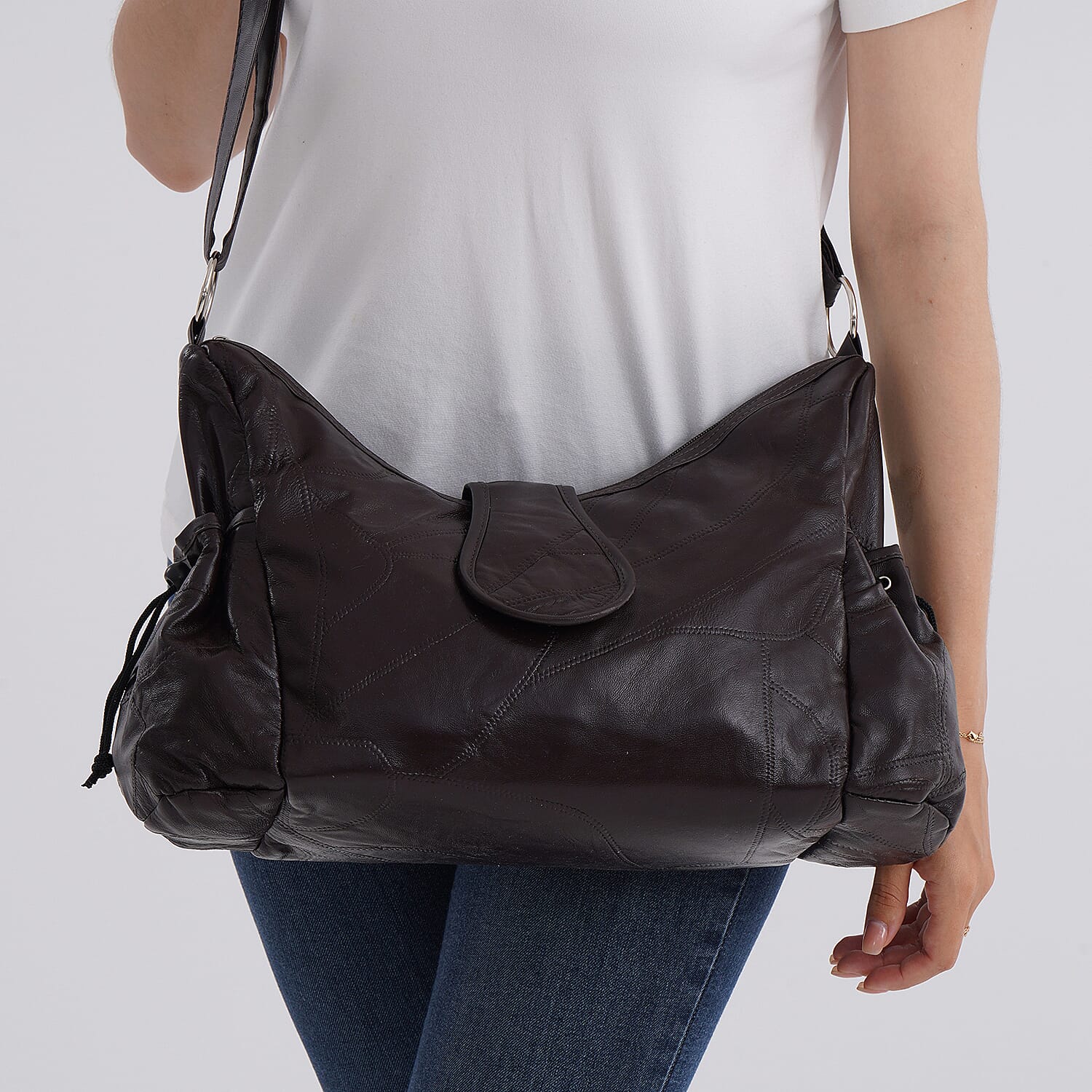 Genuine Leather Slouchy Shoulder Bag with Side Drawstring Pockets - Brown