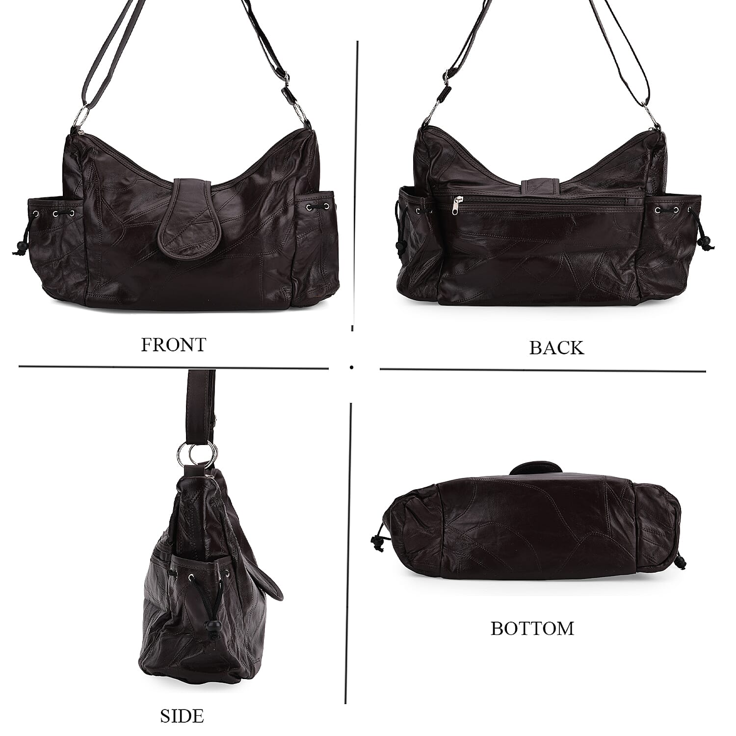 Genuine Leather Slouchy Shoulder Bag with Side Drawstring Pockets - Brown