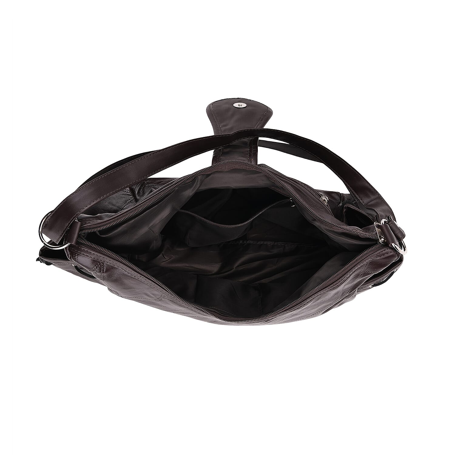 Genuine Leather Slouchy Shoulder Bag with Side Drawstring Pockets - Brown