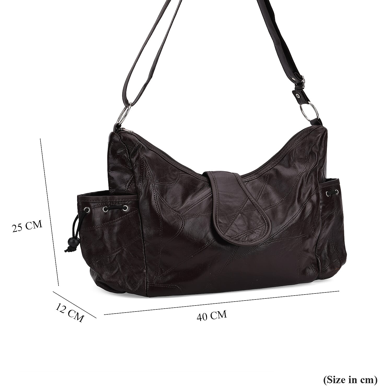 Genuine Leather Slouchy Shoulder Bag with Side Drawstring Pockets - Brown