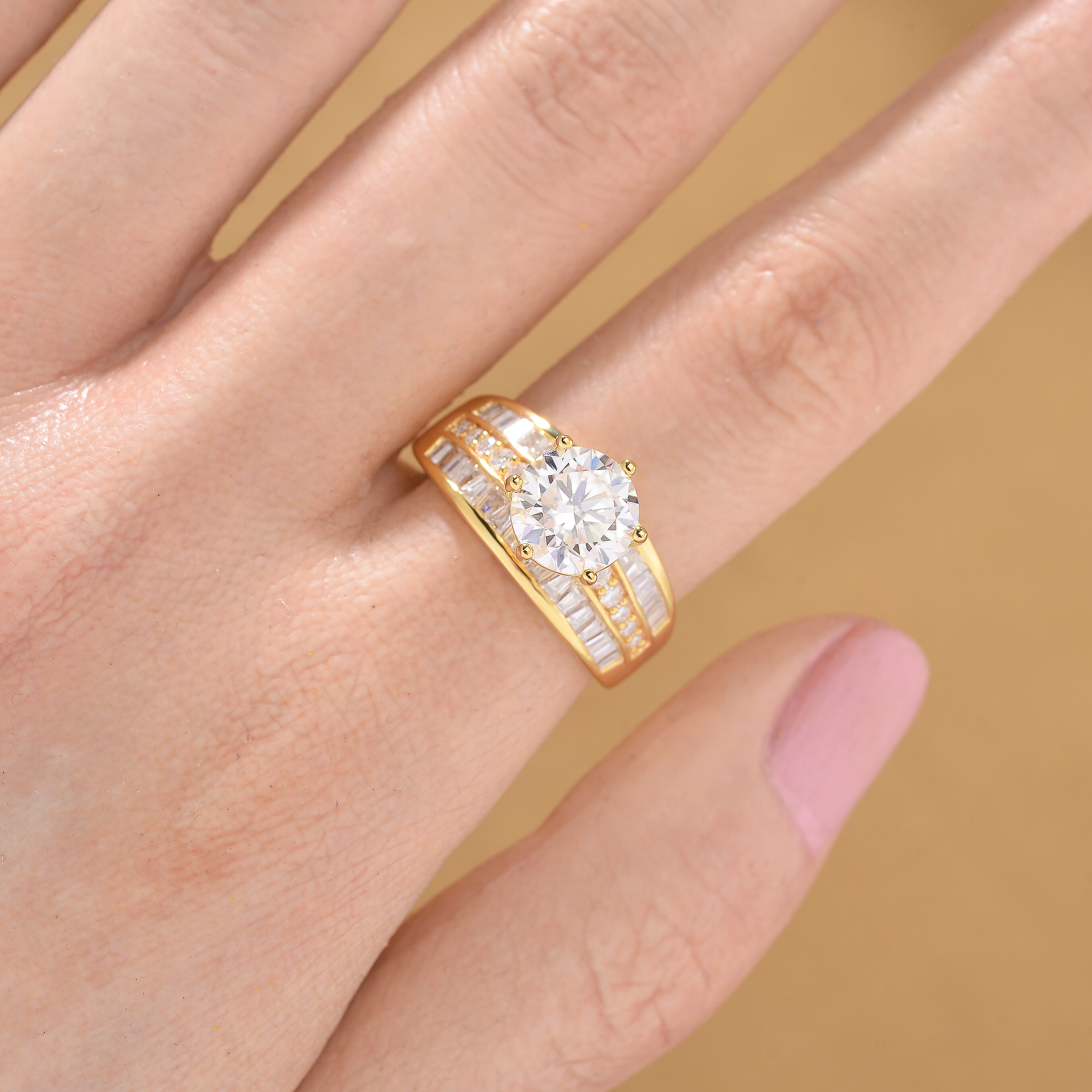 Moissanite Ring in 18K Vermeil Yellow Gold Plated Sterling Silver 3.15 Ct