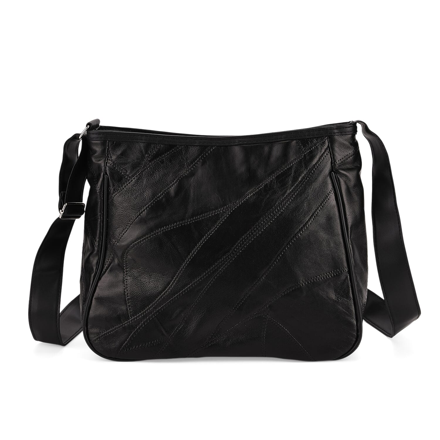 Patchwork Genuine Leather Crossbody Bag - Black