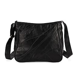 Patchwork Genuine Leather Crossbody Bag with Adjustable Shoulder Strap (125cm) - Black