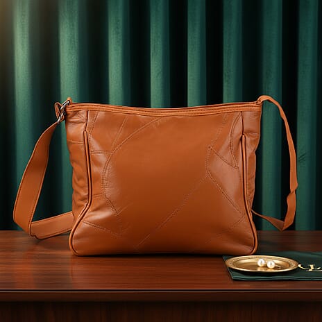 Patchwork Genuine Leather Crossbody Bag with Adjustable Shoulder Strap (125cm) - Tan