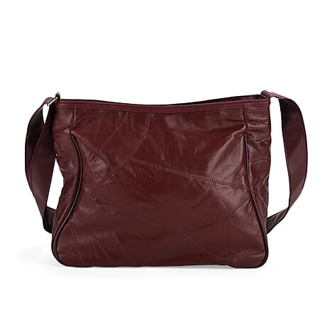 Patchwork Genuine Leather Crossbody Bag with Adjustable Shoulder Strap (125cm) - Burgundy