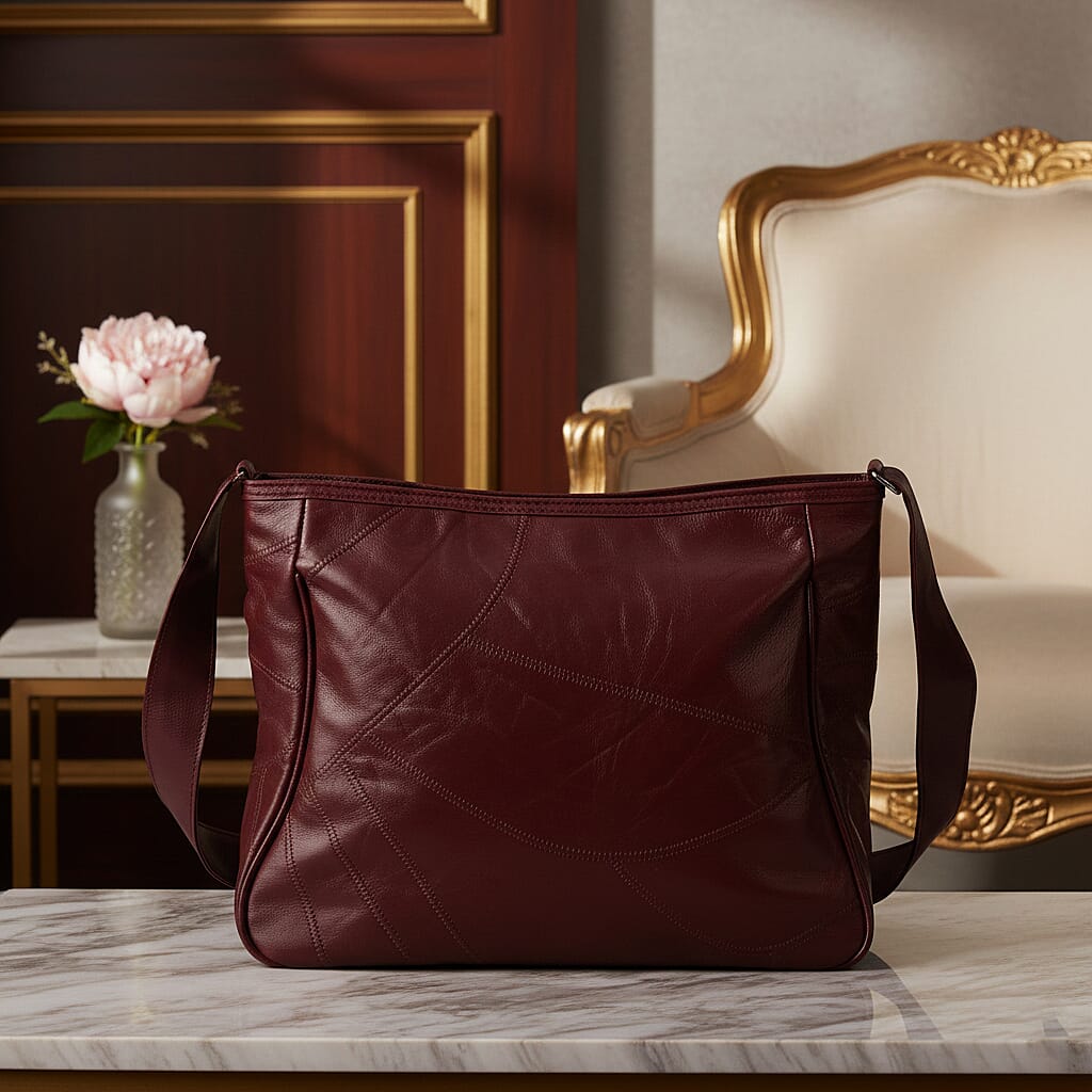 Patchwork Genuine Leather Crossbody Bag with Adjustable Shoulder Strap (125cm) - Burgundy