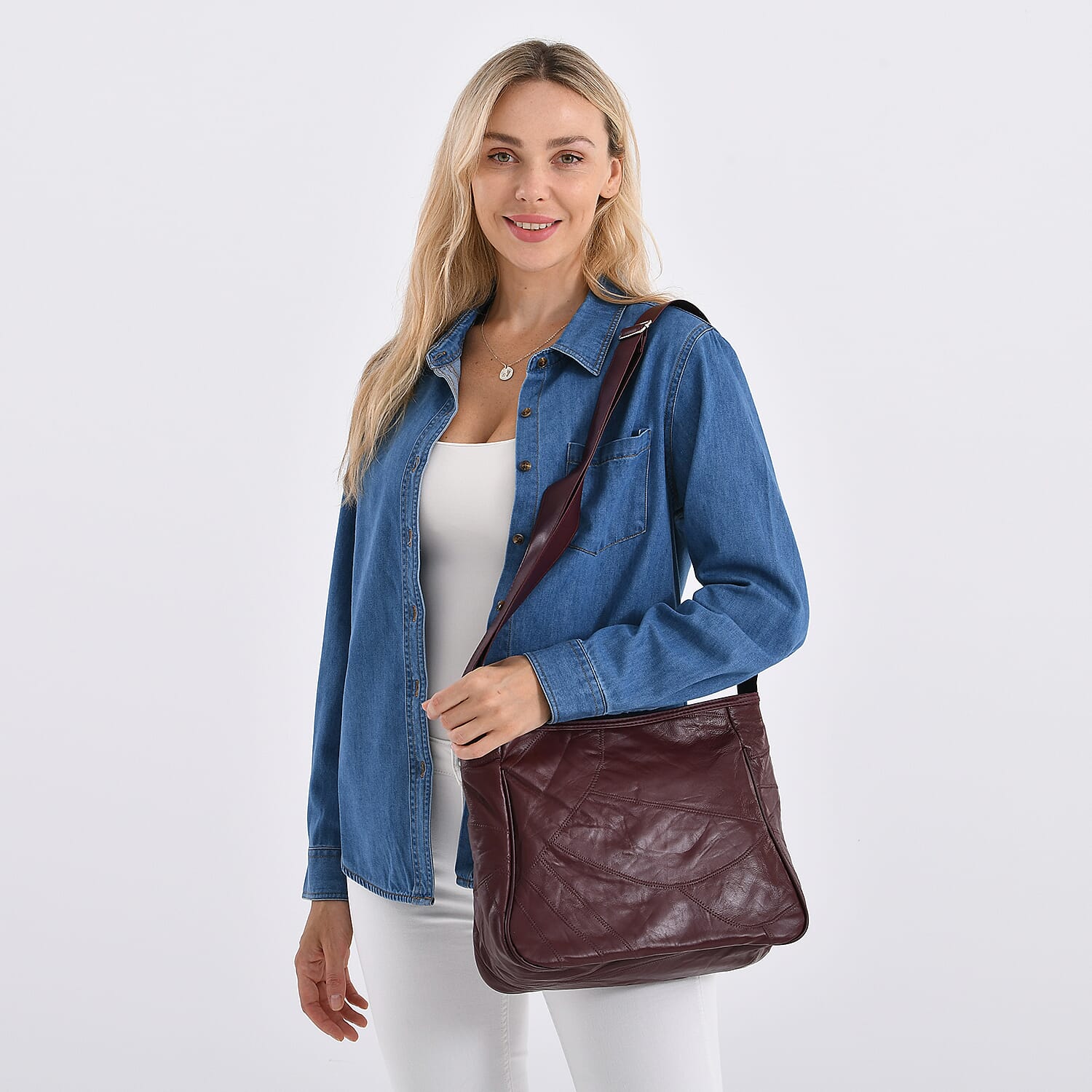 Patchwork Genuine Leather Crossbody Bag with Adjustable Shoulder Strap (125cm) - Burgundy