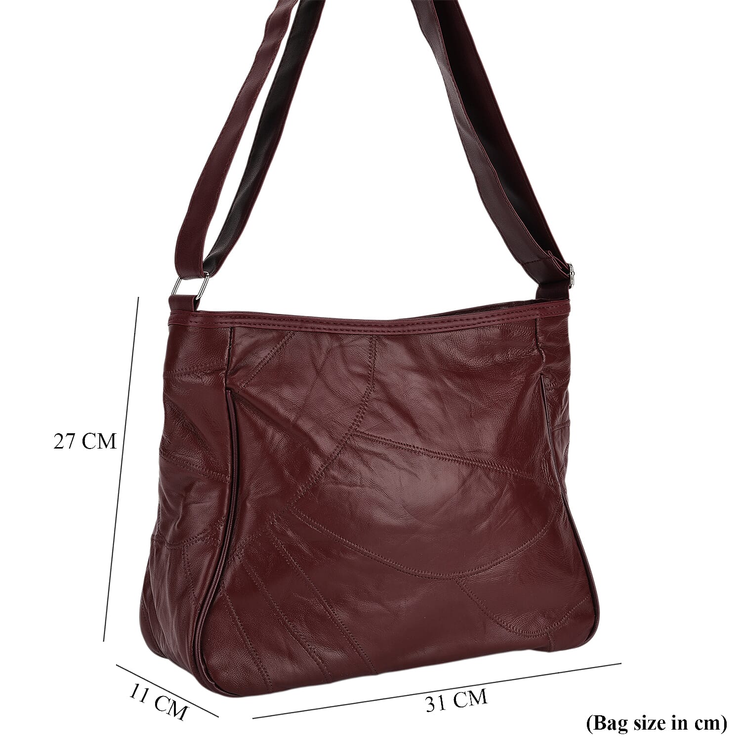Patchwork Genuine Leather Crossbody Bag with Adjustable Shoulder Strap (125cm) - Burgundy