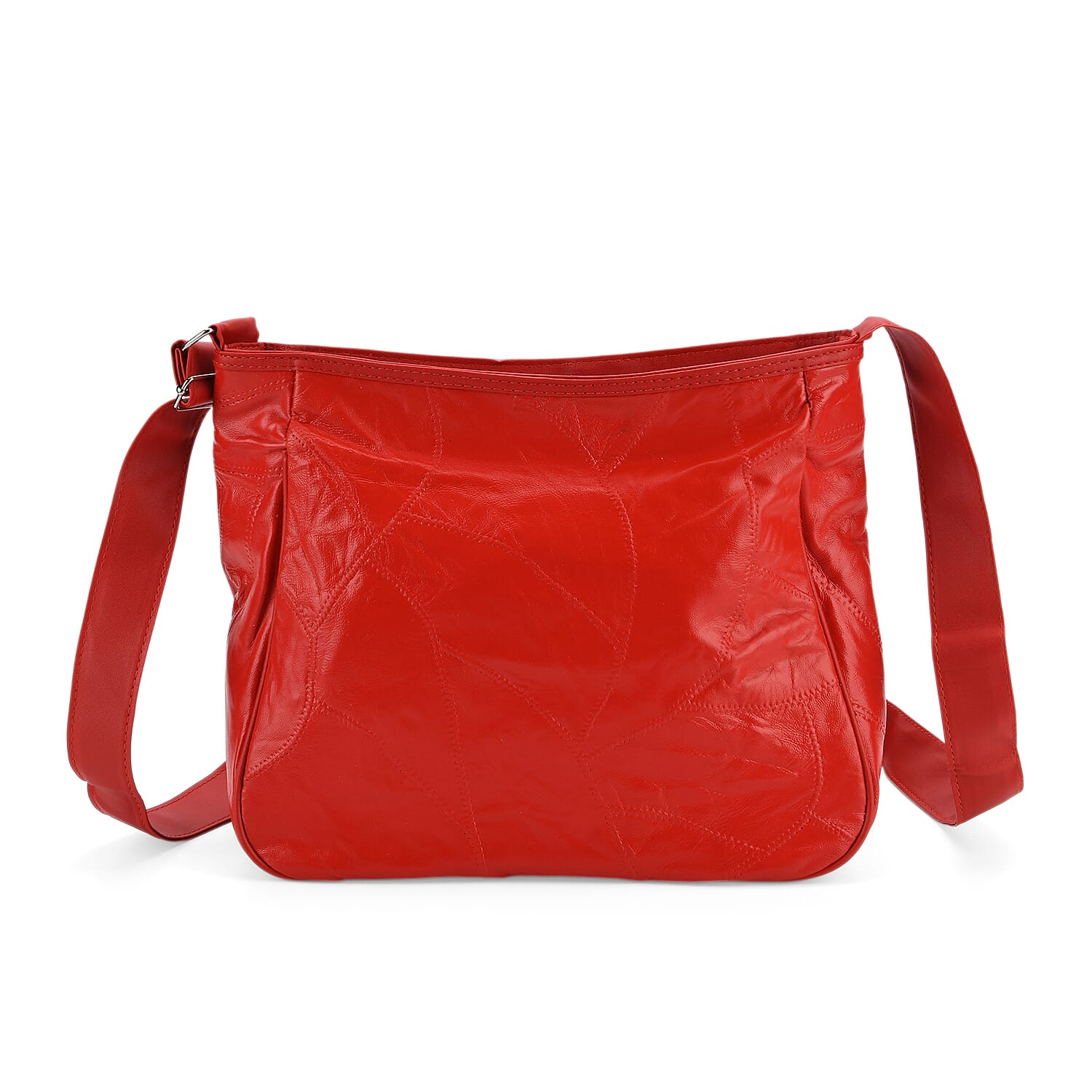 Patchwork Genuine Leather Crossbody Bag - Red