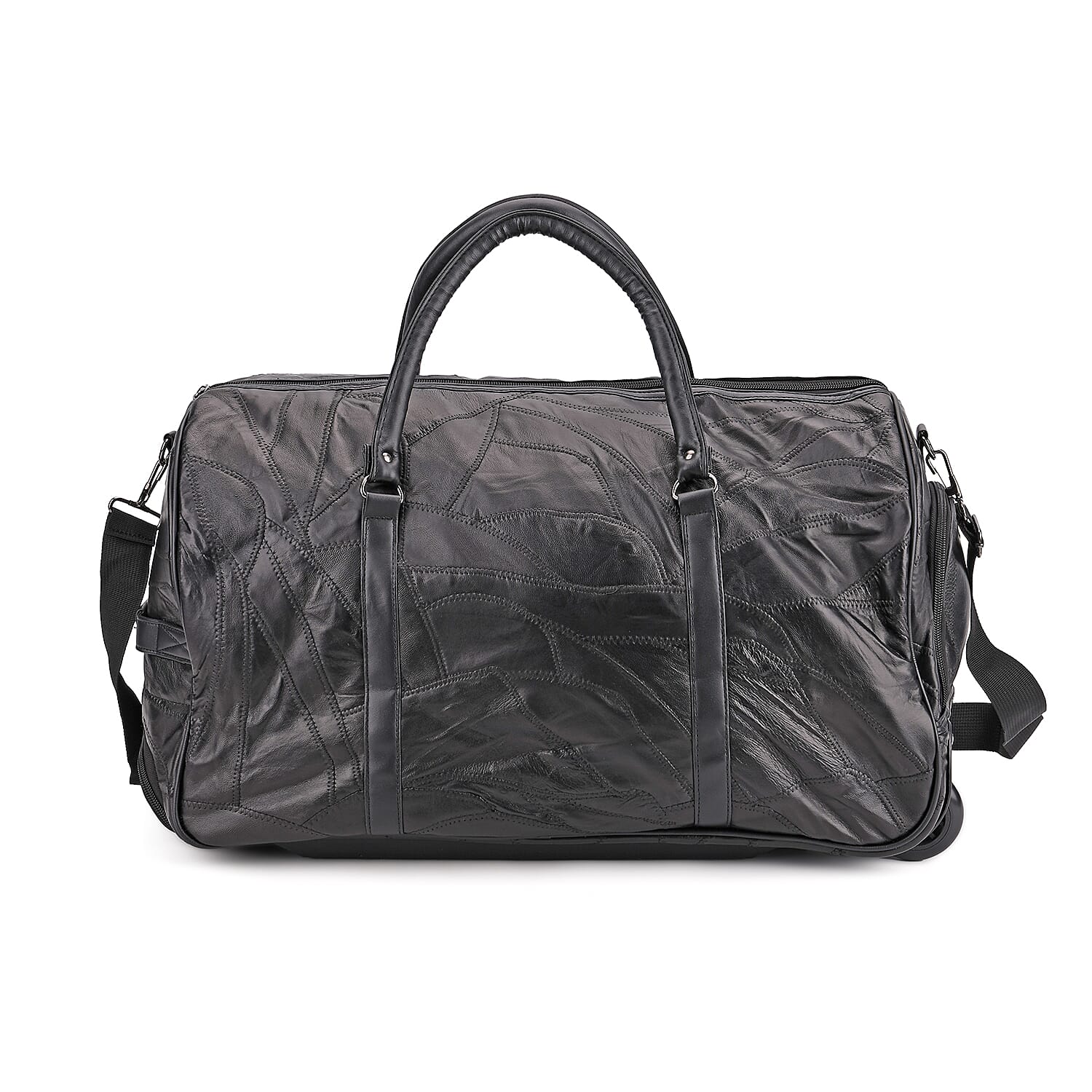 Patchwork Sheep Leather Travel Bag with Trolley - Black