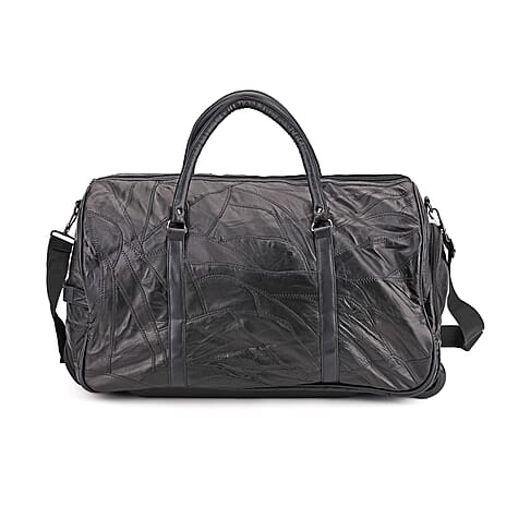 Patchwork Sheep Leather Travel Bag with Trolley - Black