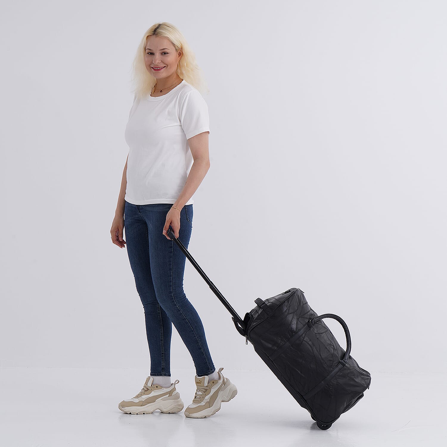 Patchwork Sheep Leather Travel Bag with Trolley - Black