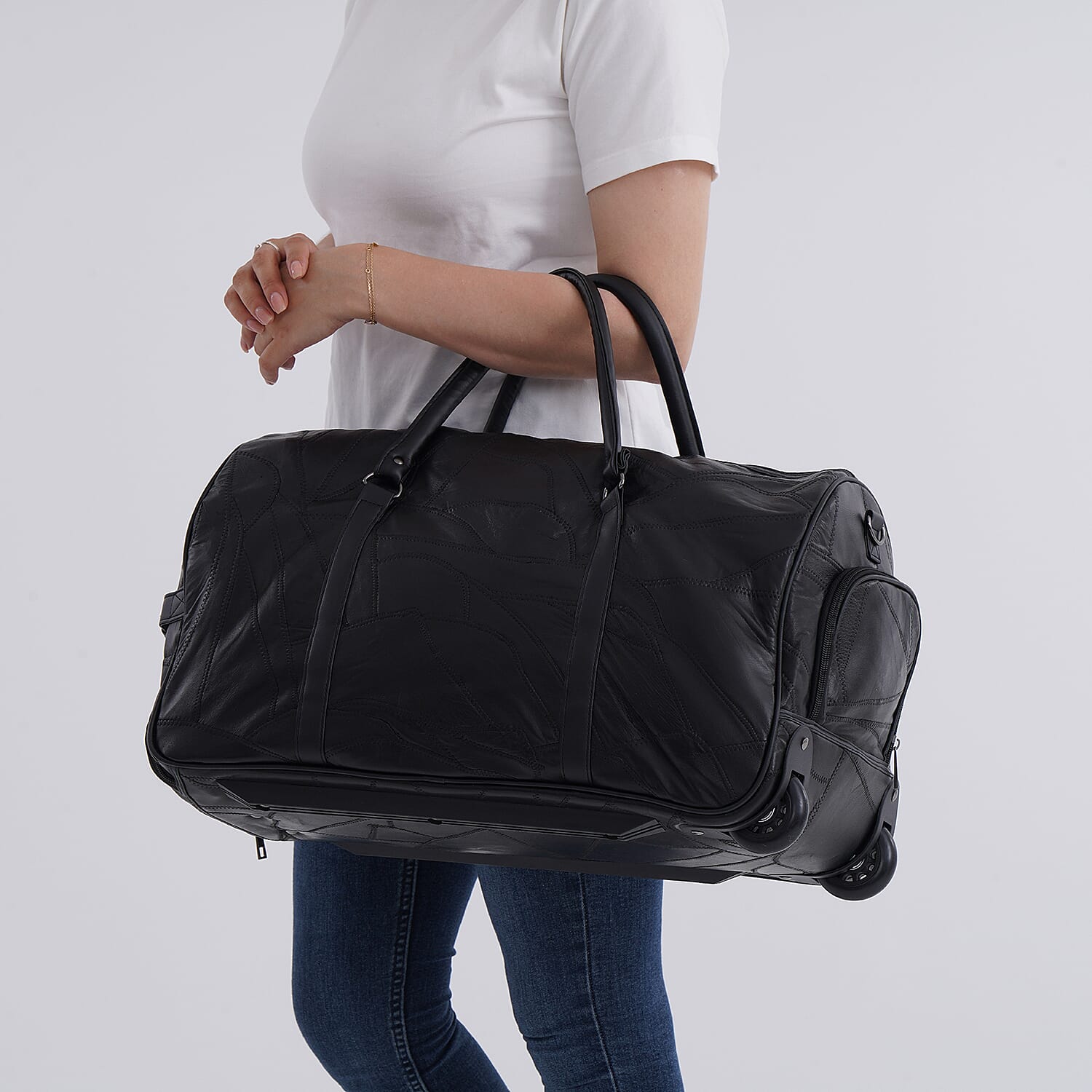 Patchwork Sheep Leather Travel Bag with Trolley - Black