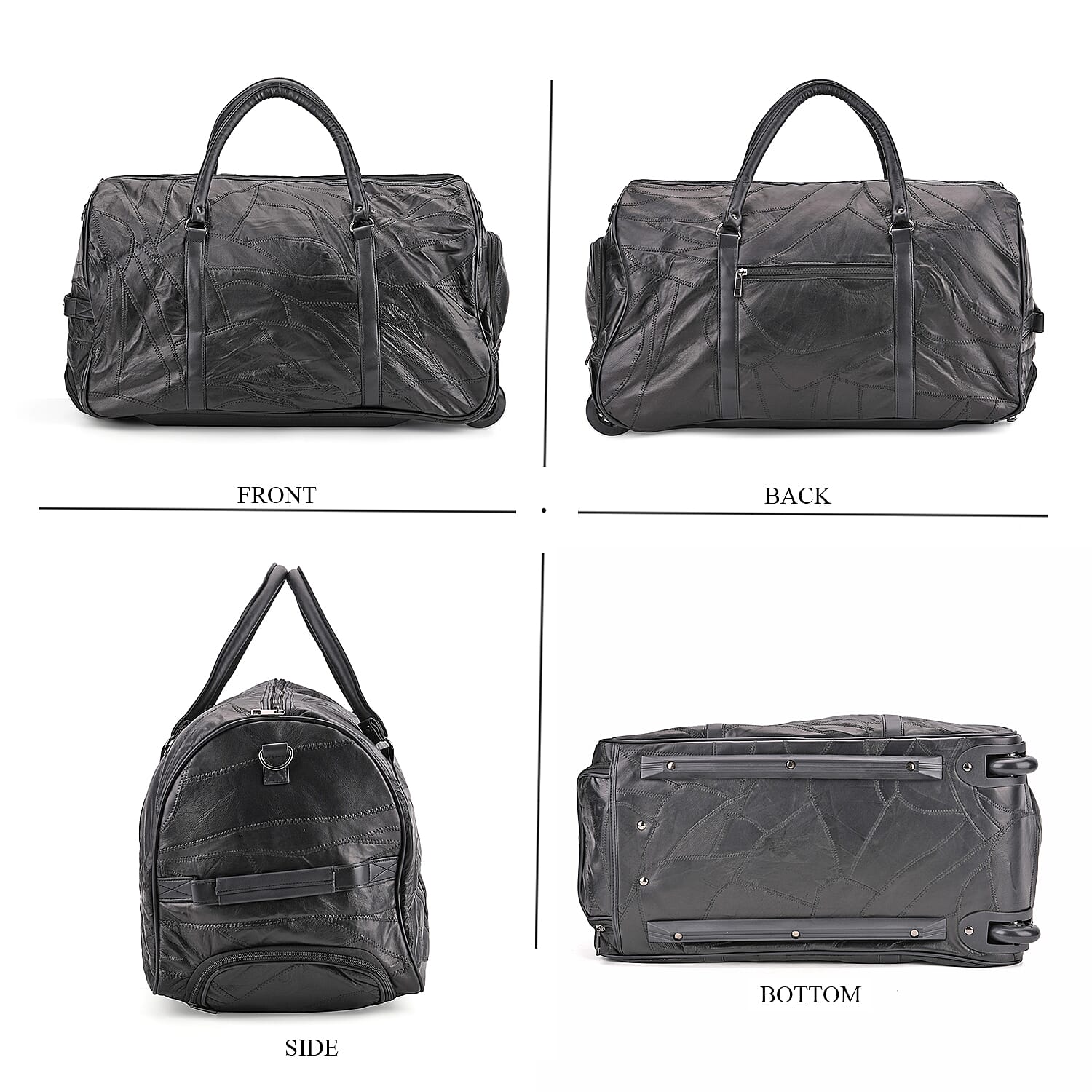 Patchwork Sheep Leather Travel Bag with Trolley - Black