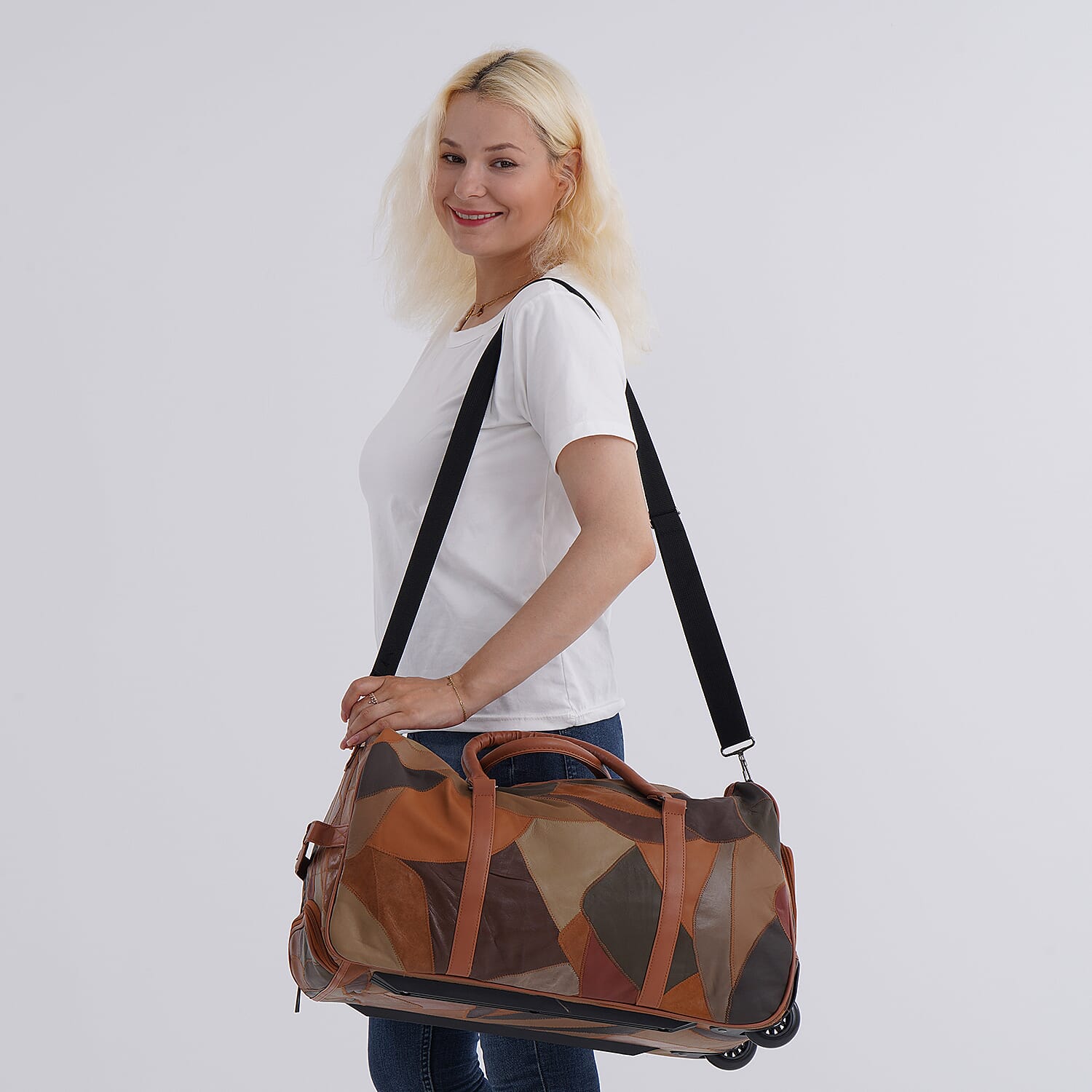 Patchwork Leather Colour Block Pattern Travel Bag with Trolley - Camel
