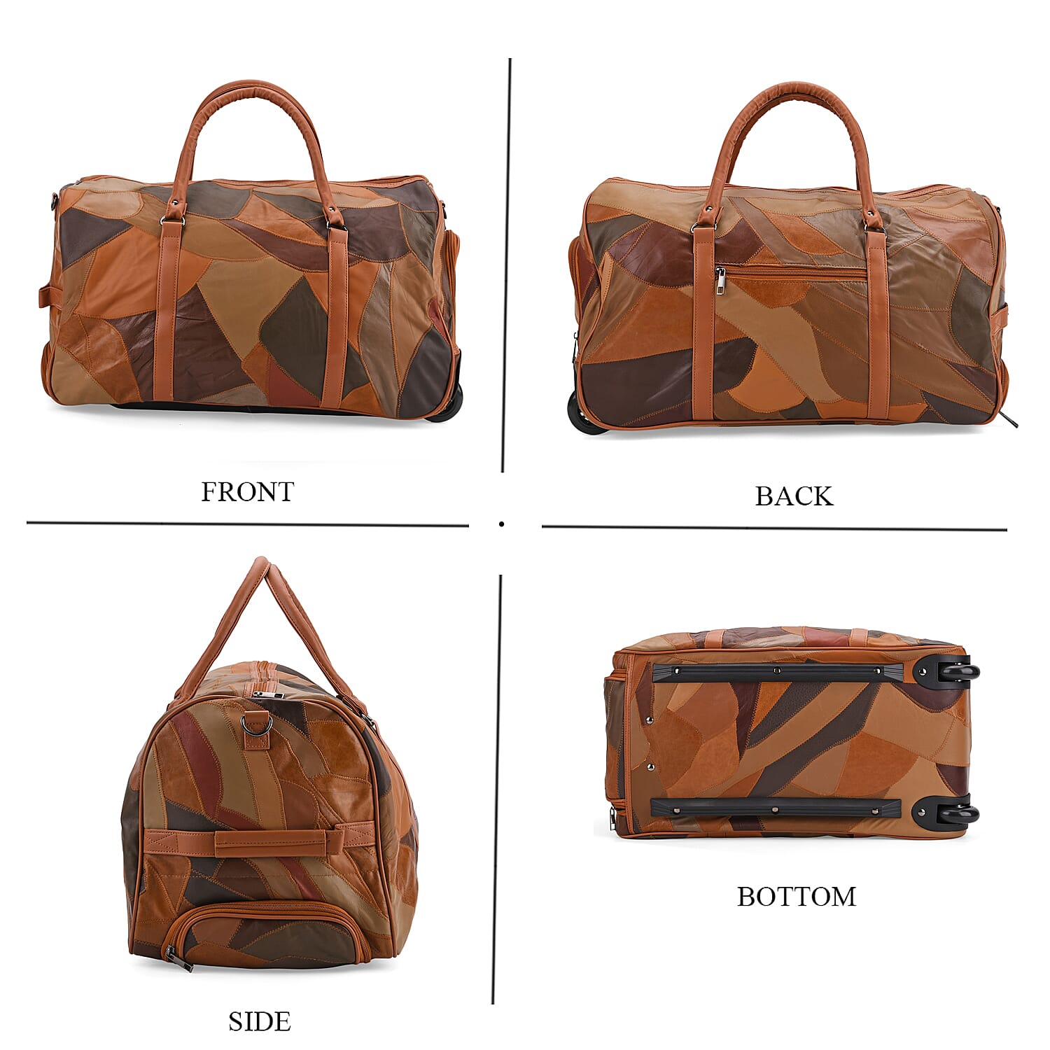 Patchwork Leather Colour Block Pattern Travel Bag with Trolley - Camel