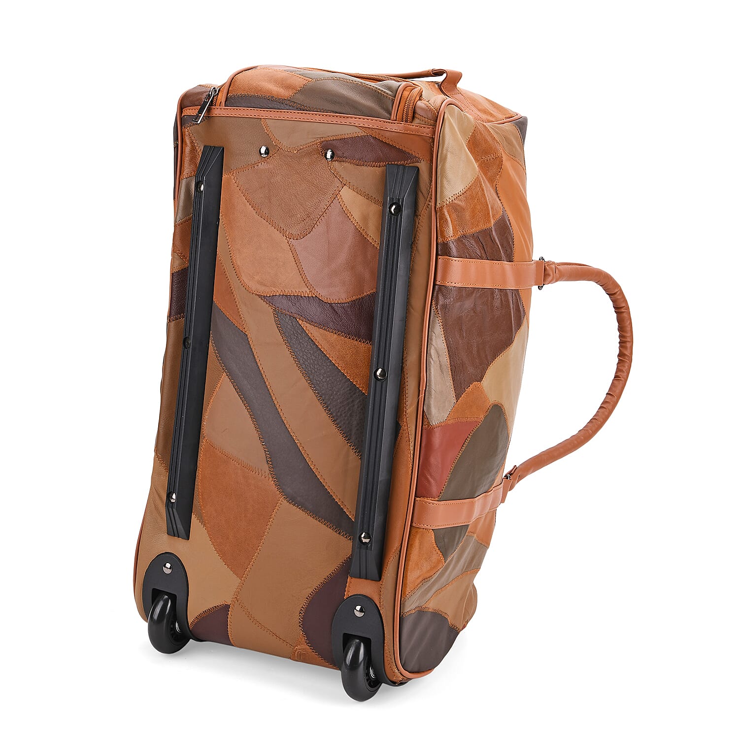 Patchwork Leather Colour Block Pattern Travel Bag with Trolley - Camel