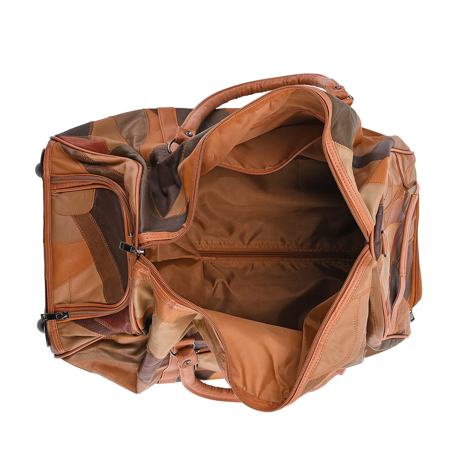 Patchwork Leather Colour Block Pattern Travel Bag with Trolley - Camel