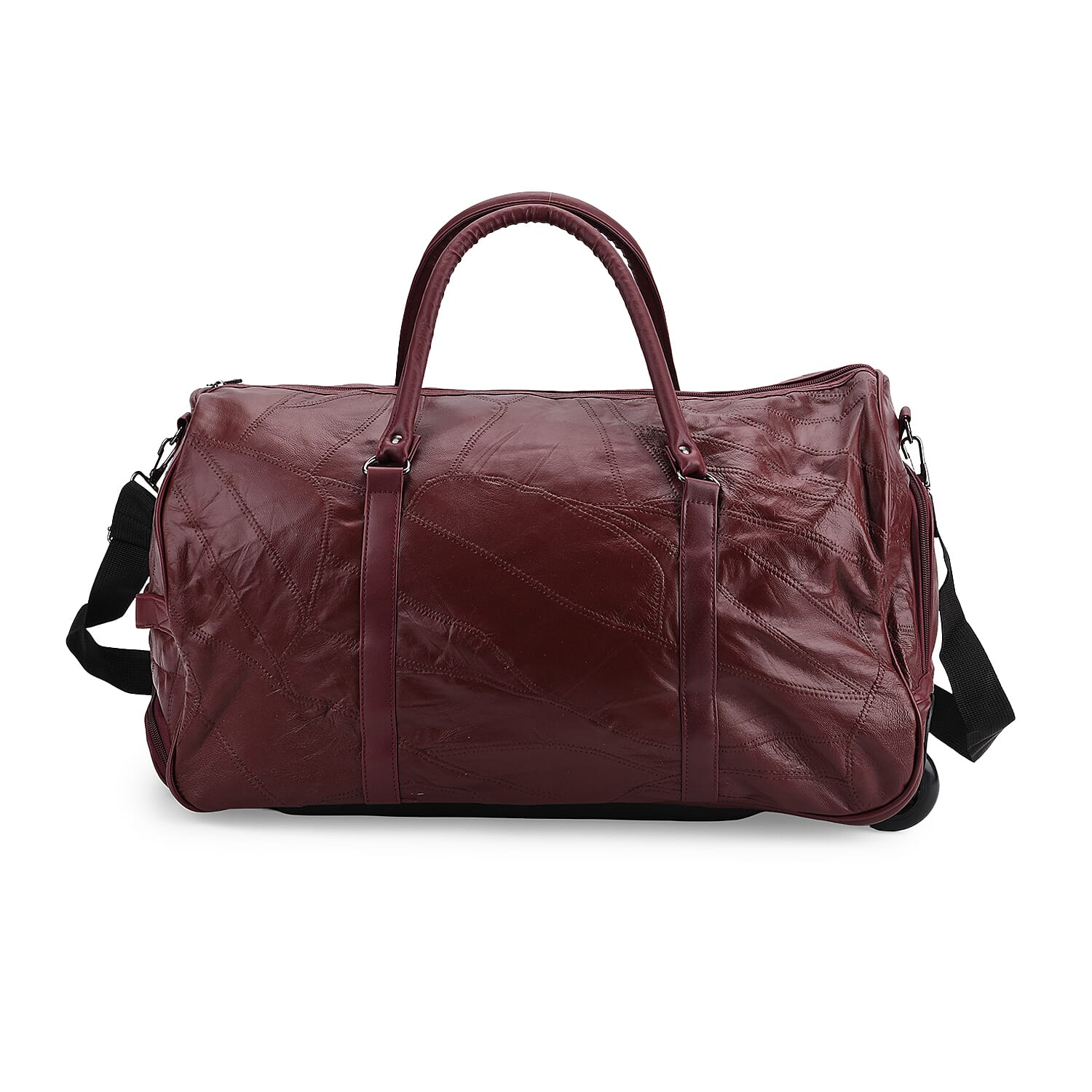 Patchwork Leather Travel Bag with Trolley - Burgundy