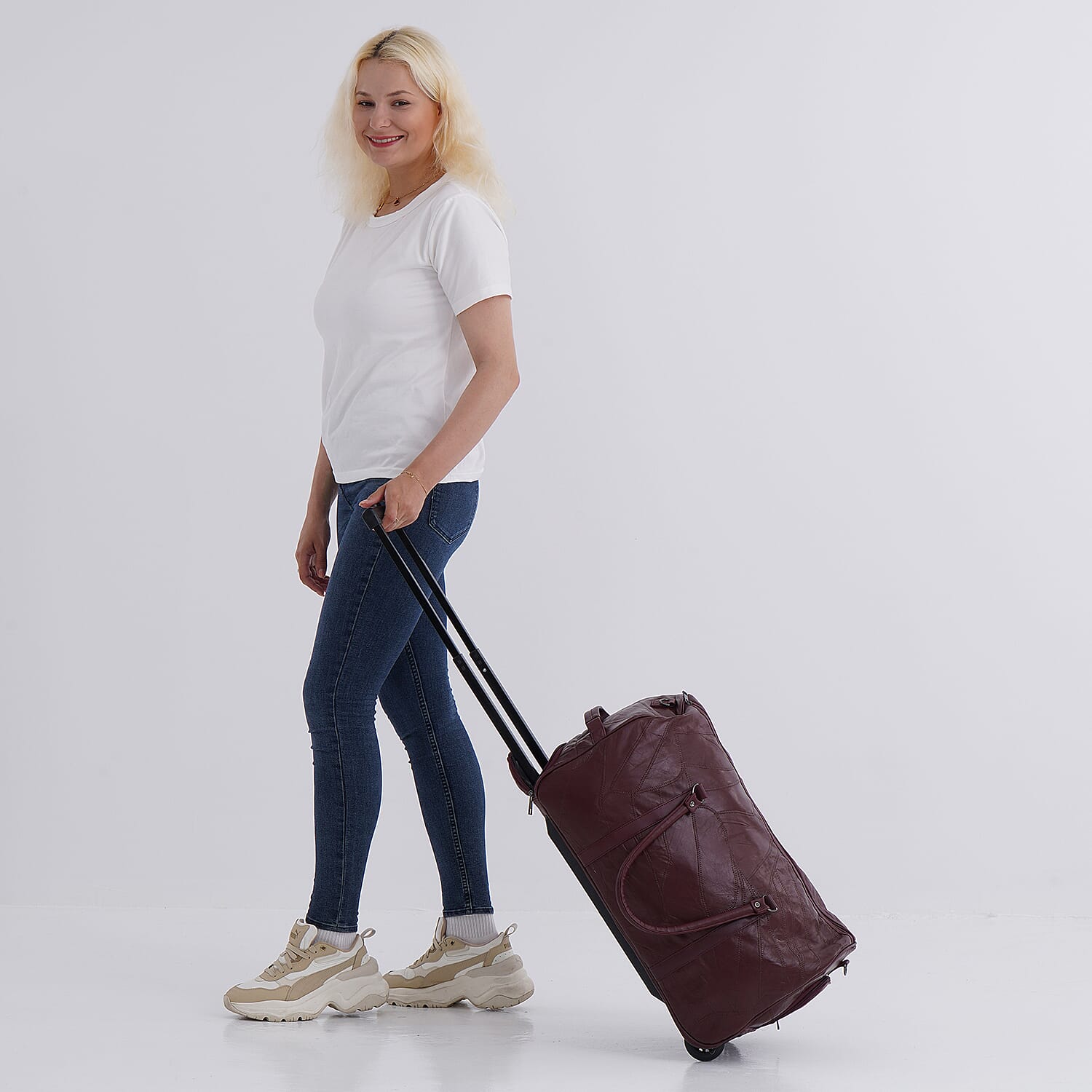 Patchwork Leather Travel Bag with Trolley - Burgundy