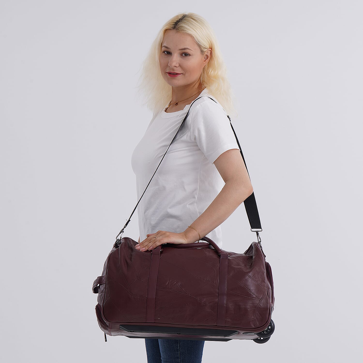 Patchwork Leather Travel Bag with Trolley - Burgundy