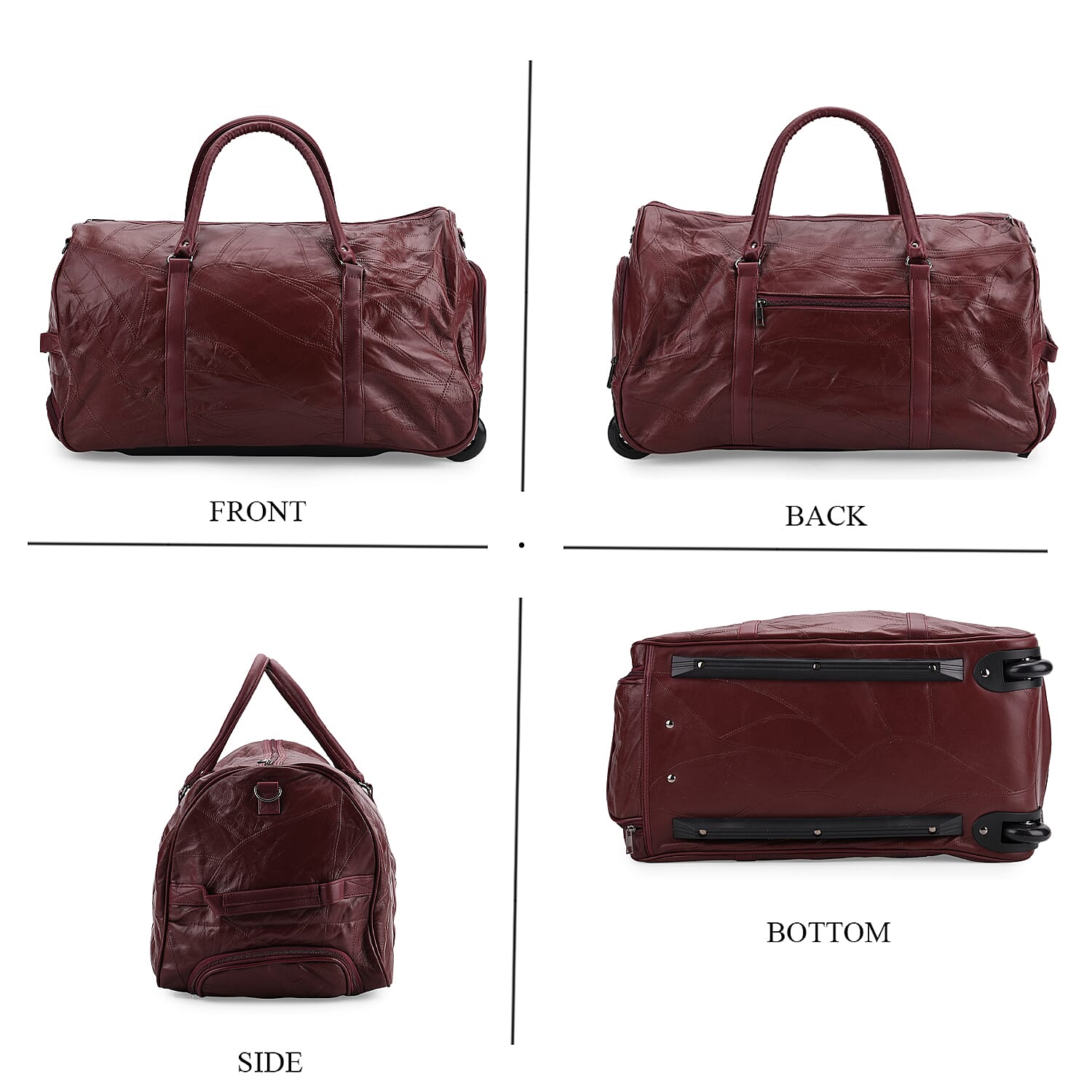 Patchwork Leather Travel Bag with Trolley - Burgundy