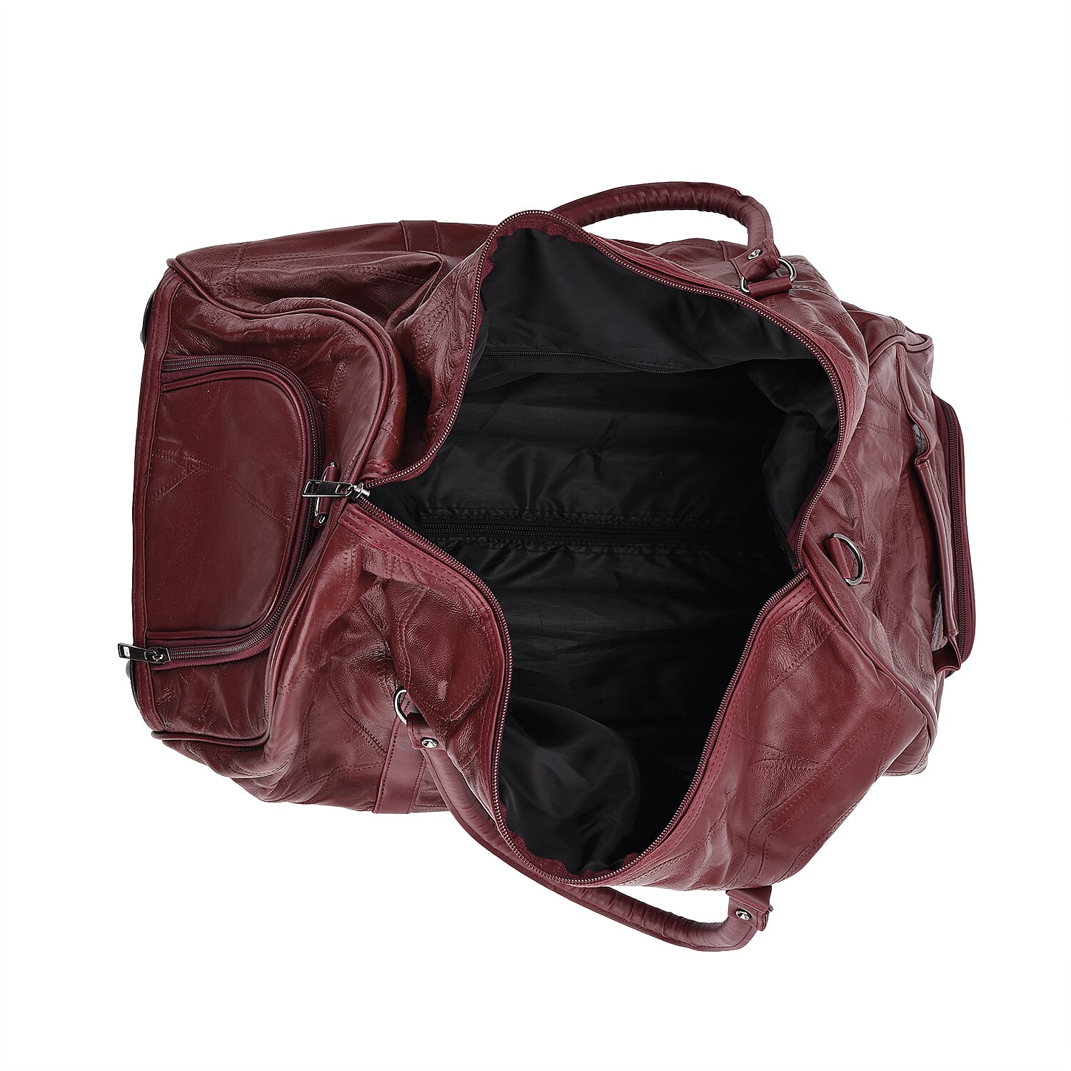 Patchwork Leather Travel Bag with Trolley - Burgundy