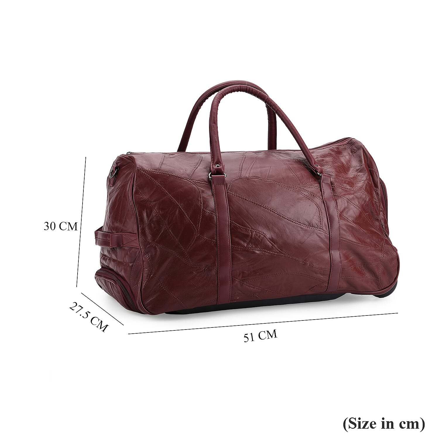 Patchwork Leather Travel Bag with Trolley - Burgundy