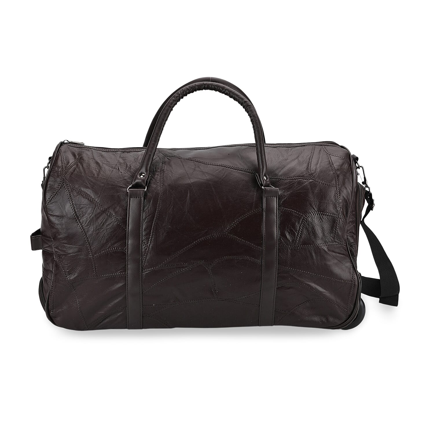 Patchwork Leather Travel Bag with Trolley - Brown