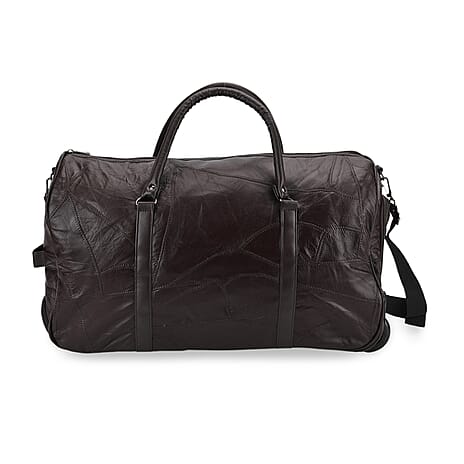 Patchwork Leather Travel Bag with Trolley - Brown