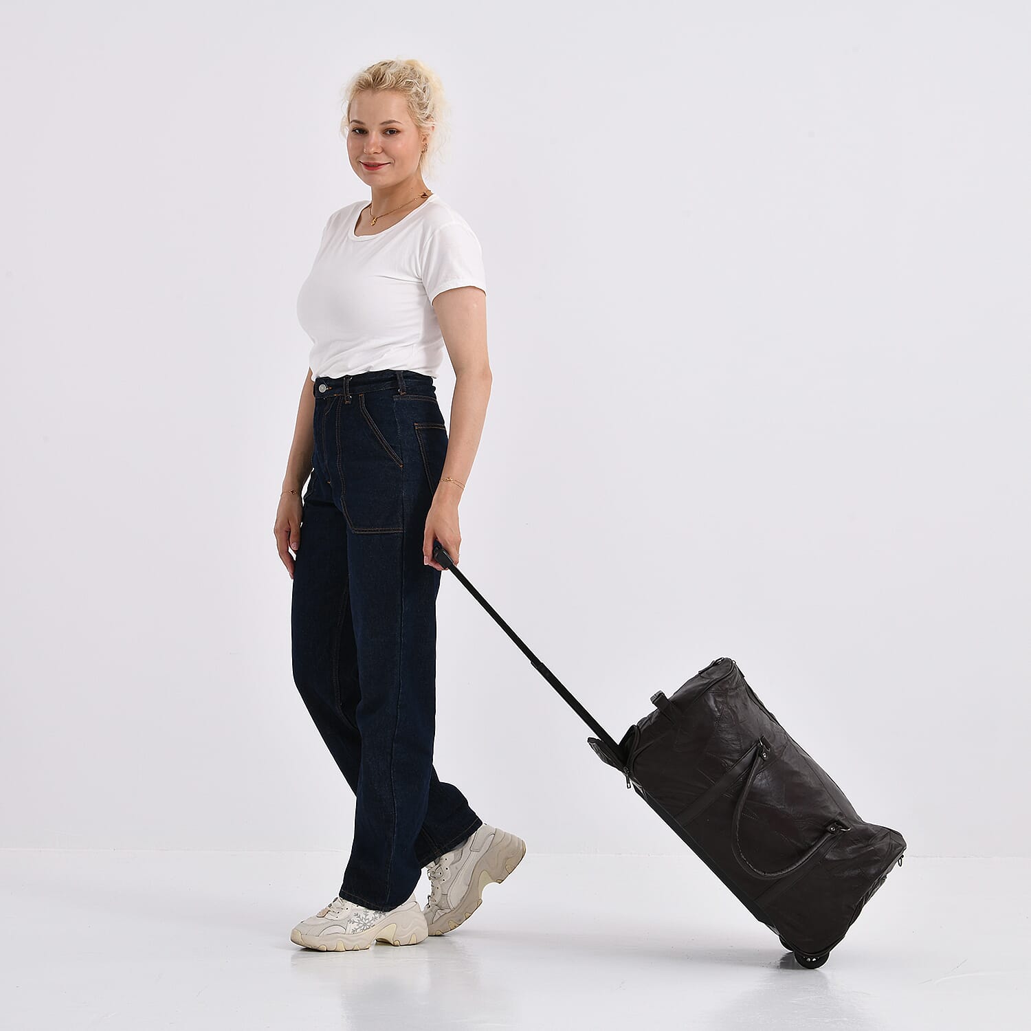 Patchwork Leather Travel Bag with Trolley - Brown