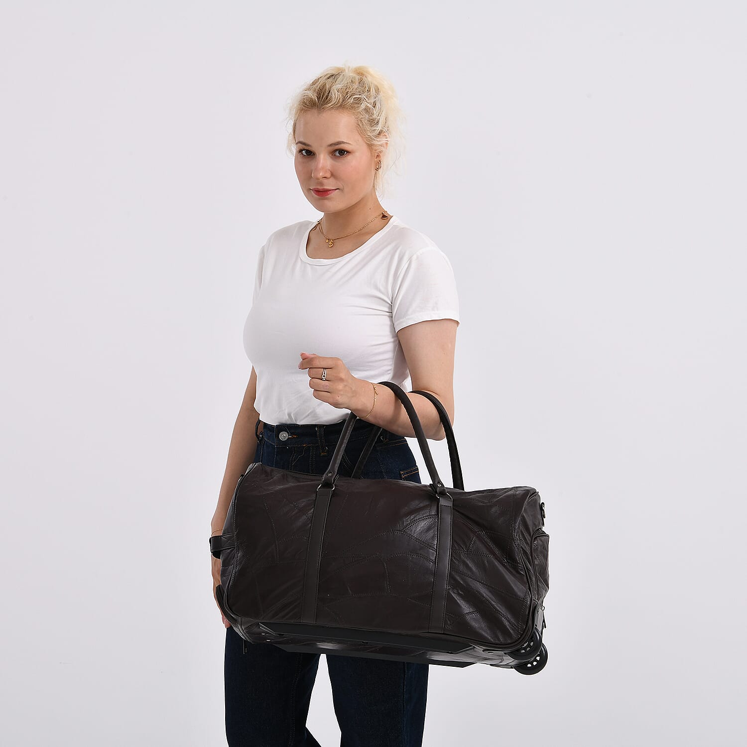 Patchwork Leather Travel Bag with Trolley - Brown