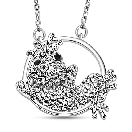 GP Black Spinel & Blue Sapphire Frog Necklace (Size - 20) in Rhodium Overlay Sterling Silver