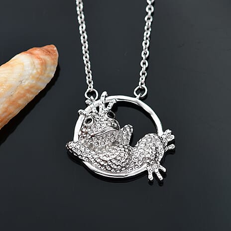 GP Black Spinel & Blue Sapphire Frog Necklace (Size - 20) in Rhodium Overlay Sterling Silver