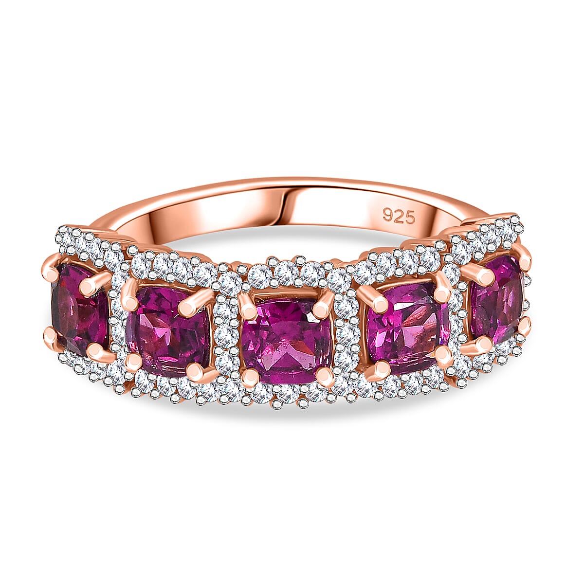 Radiant Ember Garnet, White Zircon 5-Stone Halo Ring in 18K Vermeil Rose Gold Plated Sterling Silver 2.51 Ct.