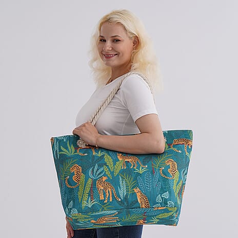 Tropical Jungle Design Tote Bag with Rope Handles - Green