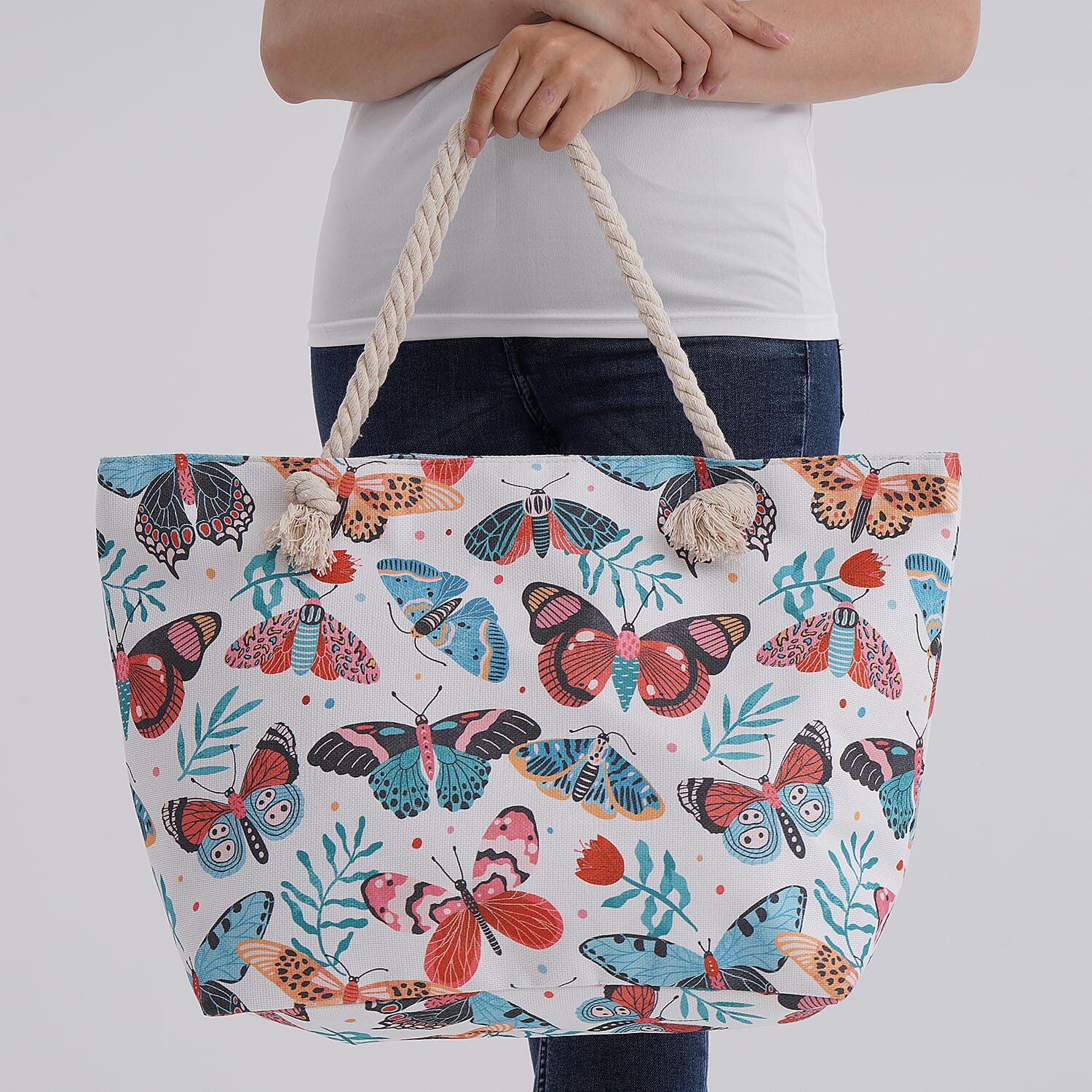 Butterfly Pattern Tote Bag with Rope Handles - Multicolor