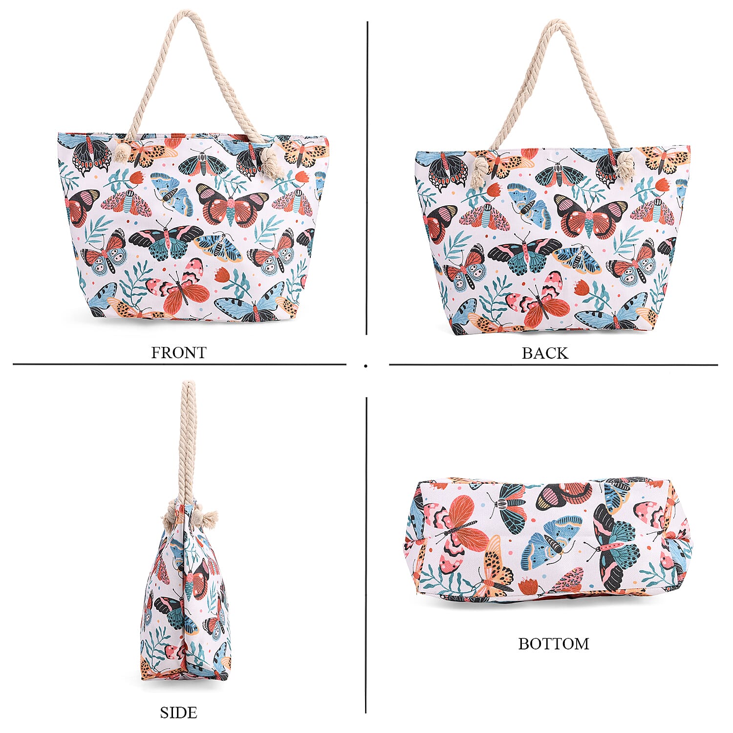 Butterfly Pattern Tote Bag with Rope Handles - Multicolor