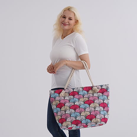 Half Round Fan Pattern Beach Tote Bag with Rope Handles - Multicolor