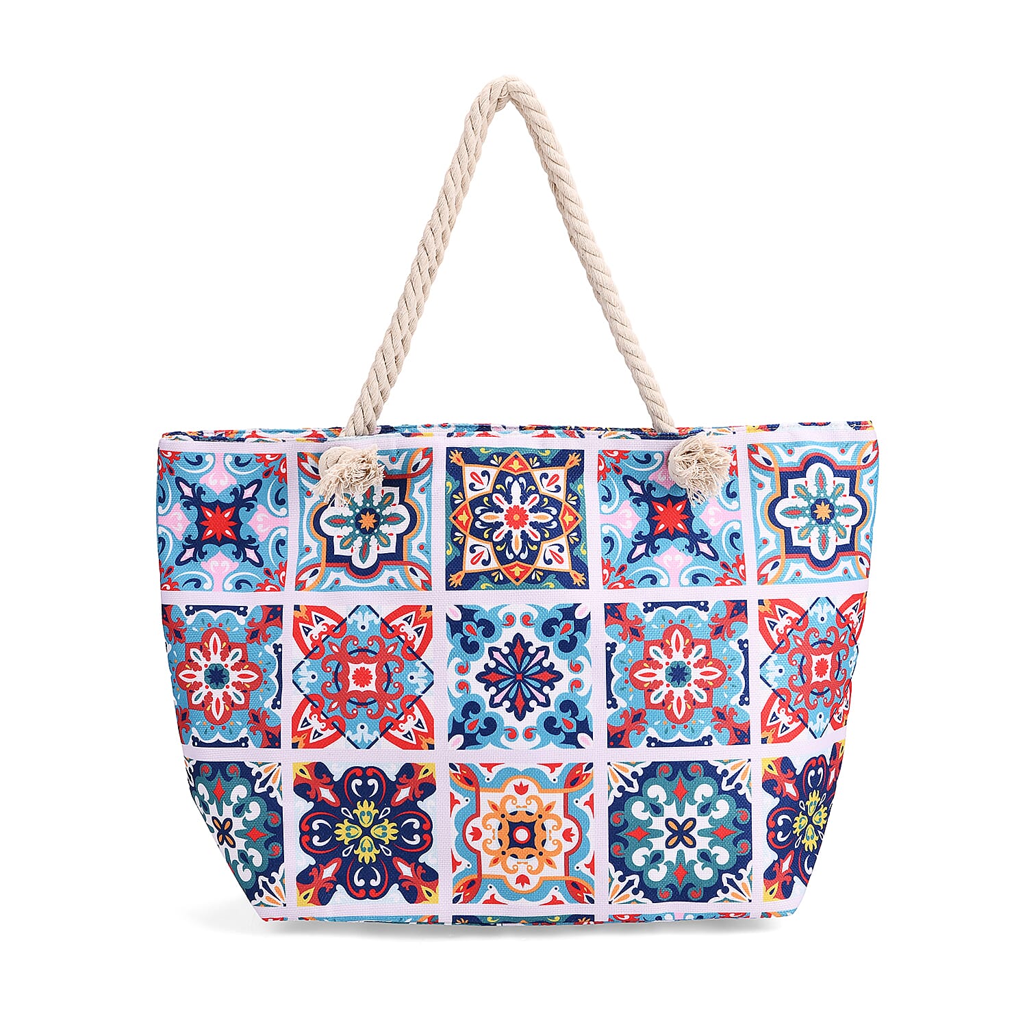 Bohemian Plaid Floral Pattern Beach Tote Bag with Rope Handles - Multicolor